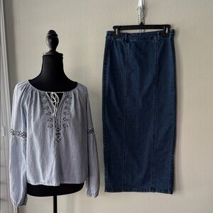Classic Belle Vere Denim Pencil Skirt with A&F peasant shirt